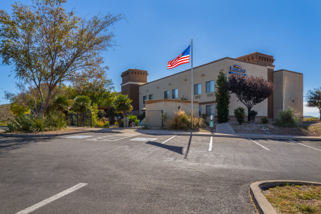 Hotel exterior with American flag